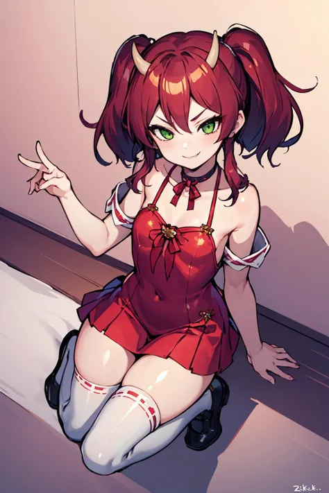 ((masterpiece)),(best quality),(detailed),(1girl),shiny skin, (4k),expressioness,(choker),twintails,red hair,green eyes,oni horns,school dress, (small breasts),(white thighhighs), (bedroom backdrop),evil smile, smug,full body,(extremely detailed), <lora:KannaV2:1>