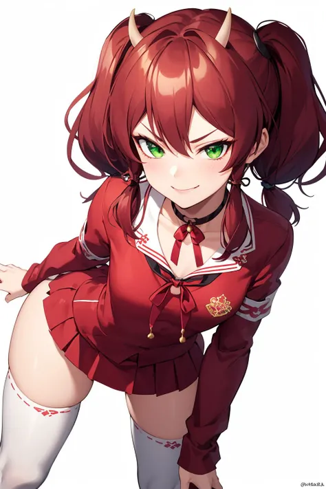 ((masterpiece)),(best quality),(detailed),(1girl),shiny skin, (4k),expressioness,(choker),twintails,red hair,green eyes,oni horns,school uniform, (small breasts),(white thighhighs), (white backdrop),evil smile, smug,focus face,(extremely detailed), <lora:KannaV2:1>