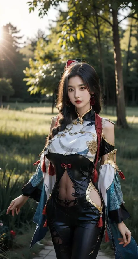 moyo,8k,hd,photoreal,<lora:ShenHe:0.8>,shen_he,beautiful girl,full body,((cowboy shot)),white hair,((very long hair)),(gigantic breasts),(braid ponytail:1.1),ponytail,jewelry,hair over one eye,black bodysuit,hip vent,shoulder cutout,navel,breasts curtain,hair ornament,blue eyes,outdoors,sunshine,lawn,flowers,sunny,lake,park, <lora:20230614004406:0.6>