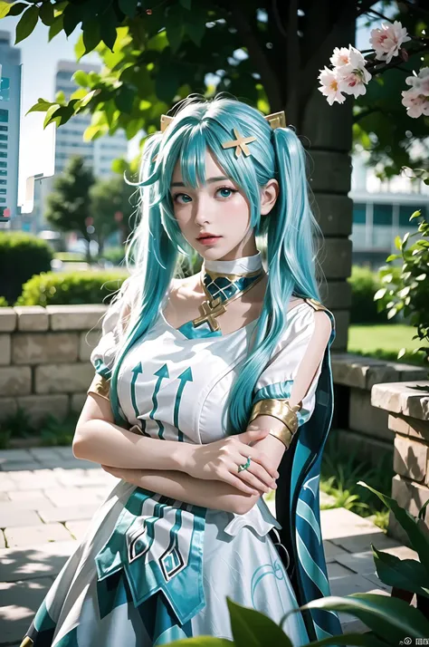 flower, 1girl, blurry, twintails, white_flower, depth_of_field, hatsune_miku, lily_\(flower\), blurry_background, solo, long_hair, plant, ring, jewelry, aqua_hair, hair_ornament, potted_plant