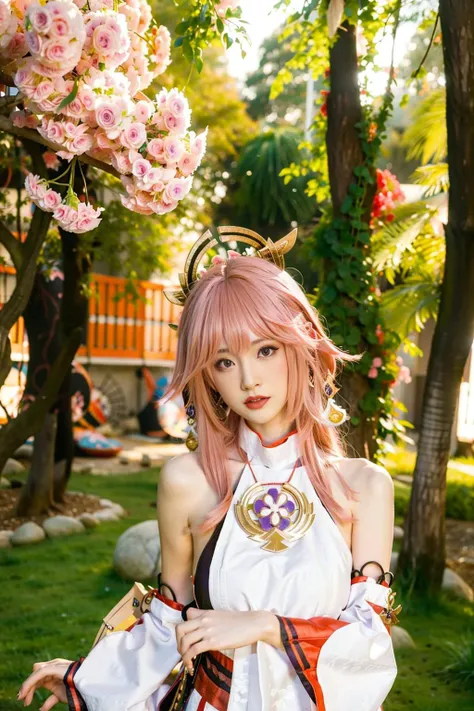 <lora:yae_miko:0.8>,yae_miko, 1girl, pink hair, purple eyes, long hair, fox ears, earrings, hair ornament, jewelry on the chest, yae miko's clothes, bare shoulders, detached sleeves, standing,bare legs, upper body, outdoors, park, flowers, lawn, trees, sunshine,