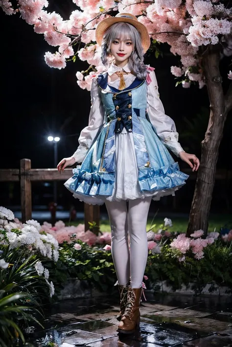 realistic, photorealistic, masterpiece, absurdres, incredibly absurdres, extremely detailed, best quality, kamisato_ayaka, 1girl, solo, slim, expressionless, full body, hat, blue hair, braid, blue eyes, white pantyhose, brown boots, dynamic pose, looking at viewer, detailed background, in garden, cherry blossoms, (rain:1.2), water, night, <lora:ayaka_cos:0.7>, <lora:Cute Asian Face:0.7>, <lora:add_detail:1>