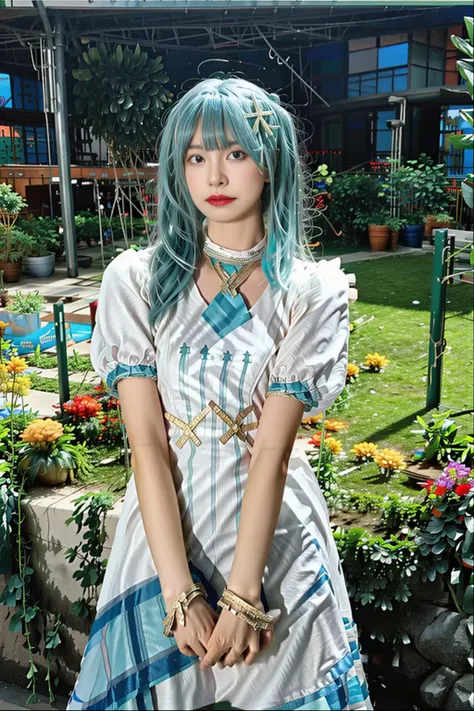 <lora:Faruzan:0.8>, (((best quality, masterpiece))), faruzan_genshin, faruzan \(genshin impact\), ((cowboy shot)), aqua hair, long hair, twin tails, x hair ornament, jewelry, white dress, dress, short sleeves, looking at viewer, standing, upper body, outdoors, castle, streets, green plants, flowers,