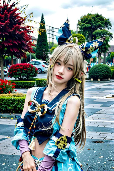 <lora:kirara:0.8>, kirara_genshin, beautiful face, sweet girl, hair ornament, cat ears, blonde long hair, green eyes, detached sleeves, kirara's upshirt, stomach cutout, navel, kirara's short skirt, two cat tails, upper body, standing, looking at viewer, outdoors, european town, european style houses, (castle), noon, streets, sunshine,