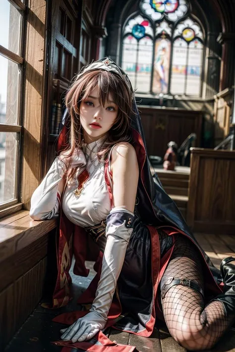 ultra realistic 8k cg, extremely detailed CG unity 8k wallpaper, picture-perfect face, flawless, clean, (masterpiece, best quality, high quality), professional artwork, famous artwork, cinematic lighting, cinematic bloom, bust shot,
1girl, detailed smooth skin, (beautiful  girl), perfect face, (young:1.1), ((fit figure)), ((20 year old)), beautiful face, beautiful blude eyes, detail eyes, detail face, (((perfect female body, narrow waist))), (large breasts:1.2), fantasy,
outdoors, church, sunny, light rays,
<lora:more_details:1> <lora:rosaria:0.6> rosaria (genshin impact), nun, veil, red long hair, bare shoulders, (white sleeves), white gloves, ((fishnets)), (fishnet pantyhose), (high heel boots),