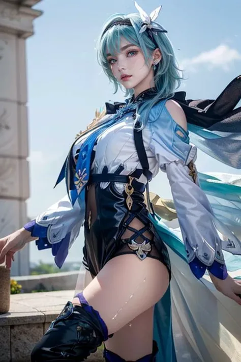 (photo-realistic,ultra realistic 8k CG:1.2),perfect artwork,delicate pattern, (best quality,intricate detail,extremely intricate:1.2),70mm telephoto lens, perfect lighting,detailed lighting,(noise reduction:1.5),ray tracing,bloom, ------------------------------- 1girl,solo,idol,woman,girly,bright eyes,(detailed eyes),(wet skin,nsfw:1.1), (blue short hair, black hairband,a leotard with a white top and black bottom, white long sleeves, blue necktie, jewelry on the shoulder,wind hair,gale,wind lift:1.4), ------------------------------- (silk Ribbon in front,thin cloth:1.3),earrings,filigree,detached sleeves,wide sleeves, (see through clothes,translucent clothes,armlet:1.2),(revealing clothes),jewelry, ------------------------------- (horizon,longView,distant,Leaves and plant in front:1.2),(white background:1.2), ------------------------------- (pov legs,brown thighhighs,green hair,purple eyes,green capelet,hair ornament,ahoge,black dress,long sleeves,dress:1.3),(white sky:1.5),<lora:Eula:0.7>