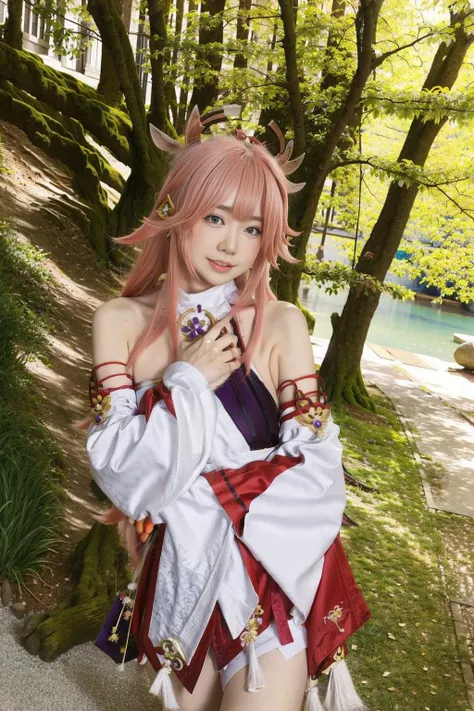 <lora:yae_miko:0.8>,yae_miko, 1girl, pink hair, purple eyes, long hair, fox ears, earrings, hair ornament, jewelry on the chest, yae miko's clothes, bare shoulders, detached sleeves, standing,bare legs, upper body, outdoors, park, flowers, lawn, trees, sunshine,