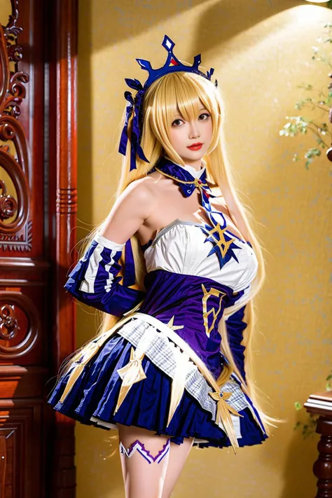 <lora:Fischl:0.7>, fischl_genshin, cowboy shot, 1girl, hair over one eye, blonde long hair, tiara,bare shoulders, detached sleeves, (fischl's short dress), white thighhighs, standing,((arms behind back)),(leaning forward),(smile:0.75), looking at viewer,  upper body, outdoors, european town, european style houses, (castle), noon, streets, sunshine, close-up,