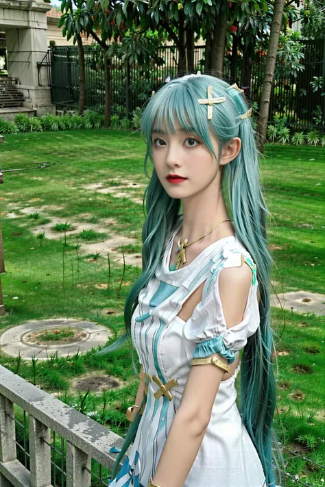 <lora:Faruzan:0.8>, (((best quality, masterpiece))), faruzan_genshin, faruzan \(genshin impact\), ((cowboy shot)), aqua hair, long hair, twin tails, x hair ornament, jewelry, white dress, dress, short sleeves, looking at viewer, standing, upper body, outdoors, castle, streets, green plants, flowers,
