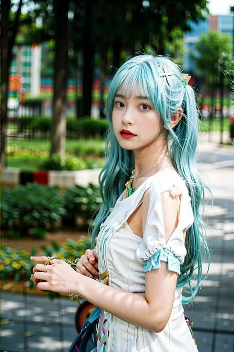 <lora:Faruzan:0.8>, (((best quality, masterpiece))), faruzan_genshin, faruzan \(genshin impact\), ((cowboy shot)), aqua hair, long hair, twin tails, x hair ornament, jewelry, white dress, dress, short sleeves, looking at viewer, standing, upper body, outdoors, castle, streets, green plants, flowers,