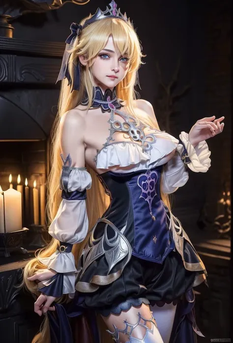 (((medium shot)))a stunning detailed background (dungeon, (at night:1.2), chains, rack, manacles, whips on the wall fireplace, moonlight,midnight, dark, )standing in a dark room, mid age, milf, dark theme,masterpiece, best quality, realistic, photo of fit sexy 30 year old girl(small waist, medium hips, big natural breast:1.5), ( beautiful very long hair:1.5, Peach lips,) flicked, detailed face,:1.5 detailed body, full body, intricate, High Detail, Sharp focus (perfect female form, perfect face:1.5, beautiful eyes,:1.5 eyeliner, expressive eyes, calm expression), light sensual smile, ,nsfw ( s ((perfect eyes)), (detailed pupils) depth of field, midriff, abs,
(((medium shot))) (realistic:1.5) (deep cleavage:1.5)
s <lora:Fischl:0.7>fischl_genshin, cowboy shot, 1girl, hair over one eye, blonde long hair, tiara,bare shoulders, detached sleeves, fischl's short dress, white thighhighs, black shoes,