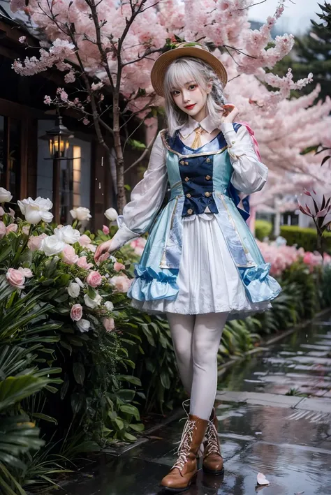 realistic, photorealistic, masterpiece, absurdres, incredibly absurdres, extremely detailed, best quality, kamisato_ayaka, 1girl, solo, slim, expressionless, full body, hat, blue hair, braid, blue eyes, white pantyhose, brown boots, dynamic pose, looking at viewer, detailed background, in garden, cherry blossoms, rain,water, <lora:ayaka_cos:0.7>,  <lora:Cute Asian Face:0.7> ,<lora:add_detail:1>