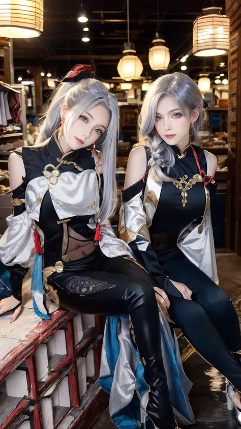 ((2girls,huge breasts,huge ass,earrings, <lora:ShenHe:0.6>,shen_he, beautiful girl, cowboy shot, silver hair,very long hair, braid ponytail, ponytail, jewelry, hair over one eye, black bodysuit, hip vent, shoulder cutout, navel, breasts curtain, hair ornament, blue eyes,high heels)), ultra realistic,32k,RAW photo,(high detailed skin:1.2), 8k uhd, dslr, soft lighting, high quality, film grain, stunning environment ,soft lighting,gorgeous light and shadow ,vibrant colors, Butcher shop