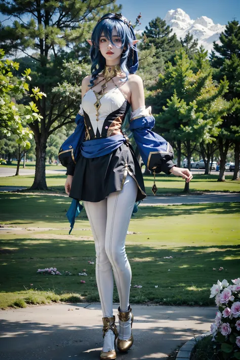<lora:Layla:0.7>, (realistic, photorealistic),(cowboy shot), ((close-up)), layla_genshin, blue hair, long hair, yellow eyes, pointed ears, bare shoulders, blue detached sleeves, black skirt, white pantyhose, golden high heels, full body, standing, (normal standing pose:1.3), (masterpiece, high quality, best quality), (colorful),(delicate eyes and face), volumatic light, ray tracing, bust shot ,extremely detailed CG unity 8k wallpaper,solo((flying petal)),(Flowery meadow) sky, blue sky, sunny, light, fantasy, windy, magic sparks, outdoors, park, trees, flowers, lake,