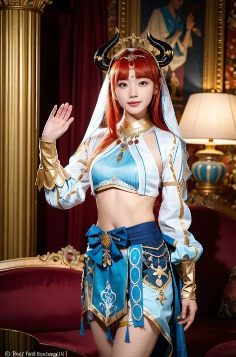 raw 8k hd photo of (a beautiful Korean idol waving to the audience),natural smile,<lora:nilou_realistic:0.6>,(nilou_realistic:1.15),(beautiful face),(navel), (red long hair, twin tails, skirt,crop top, long sleeves, o-ring legwear,nilou's sandals),(full body),(beautiful eyes:1.2),(perfect face),(cute),(standing),(looking at viewer),indoors,living room, vase, flowers,sofa, decorations,(masterpiece:1.2) and (best quality:1.2) and (photorealistic:1.4) and (Realistic:1.4) and Detailed Skin Textures and detailed skin pores,detailed hands and Detailed 5 fingers
