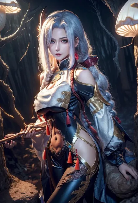 (((medium shot)))a stunning detailed background (nighttime,enchanted forest glowing mushroom forest, moonlight,midnight, dark, )standing in a dark room, mid age, milf, dark theme,masterpiece, best quality, realistic, photo of fit sexy 30 year old girl(small waist, medium hips, big natural breast:1.5), ( beautiful very long hair:1.5, Plum lips,) flicked, detailed face,:1.5 detailed body, full body, intricate, High Detail, Sharp focus (perfect female form, perfect face:1.5, beautiful eyes,:1.5 eyeliner, expressive eyes, calm expression), light sensual smile, ,nsfw ( s ((perfect eyes)), (detailed pupils) depth of field,
(((medium shot))) (realistic:1.5) midriff, abs, (deep cleavage:1.5)
<lora:ShenHe:0.7>shen_he, beautiful girl, ((cowboy shot)), white hair, ((very long hair)),(gigantic breasts), braid ponytail, ponytail, jewelry, hair over one eye, black bodysuit, hip vent, shoulder cutout, navel, breasts curtain, hair ornament, blue eyes,