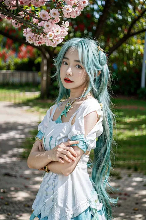 <lora:Faruzan:0.8>, (((best quality, masterpiece))), faruzan_genshin, faruzan \(genshin impact\), ((cowboy shot)), aqua hair, long hair, twin tails, x hair ornament, jewelry, white dress, dress, short sleeves, looking at viewer, standing, upper body, outdoors, castle, streets, green plants, flowers,