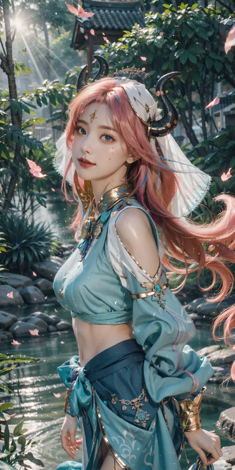 <lora:nilou_realistic:0.65>, ((nilou_realistic)),((beautiful face)),( standing naturally with no pose:1.5), 1 girl,(navel), (red long hair, twin tails, skirt,crop top, long sleeves, o-ring legwear, nilou's sandals), (full body:1.2),<(best quality, extremery best quality, masterpiece:1.5), (realistic, intricate details:1.2), (photorealistic:1.4), (extremely intricate:1.2), highres, ultra highres, ultra-detailed, absurdres, incredibly absurdres, extremely detailed, high quality, high resolution, hyperrealistic, ultra-realistic, hyper-detailed, top quality, best, fine detail, massive detail, Highly detailed, extreme detailed, highest detailed, high-res, absolutely resolution, reflection, (refraction:1.4)>, BREAK, 1girl, solo, looking at viewer, flat bangs, (young cute beautiful 18-year-old girl:1.1), 3d face, beautiful girl, Beautiful face, pretty, girlface, kpop idol, supermodel, stunning innocent symmetry face, (hand of Guido Daniele), perfect body, medium breast, slim waist, slim legs, (high detailed skin:1.2), glowing eyes, goddess, natural skin texture, shiny skin, White skin, Beautiful detailed face, detailed face, real skin texture, cute delicate face, finely detailed face, golden ratio, golden ratio face, expressive eyes, perfect face, perfect skin, flawless face, clear face, shiny hair, pale skin, Proper body proportion, perfect anatomy, realistic skin texture, luscious lips, glossy lips, natural makeup, beautiful bright pupils, slender figure, intricate eyes, detailed pupils, detailed face and eyes, longeyelashes, blush, good hand, perfect hands, pretty face, beautiful female bodies, finely detailed skin, oily shiny skin, BREAK, (((((golden hour, Sakura tree background, petals falling, dawn light, cobblestone pathway, building pavilion, chinese buildings, moutains, misty lake, ancient chinese background, puddle, after the rain, wet grass and trees, (sky overcast with a rainbow), (sunlight reflection), flower sea, in a meadow, (waterfall:1.2), ((breeze)), flying splashes, flying petals, leaves, nature, river, (forest), (bloom), bloom effect, detailed beautiful grassland with petal, flower, butterfly, petal, (((surrounded by heavy floating petal flow))), flowers, red lips, (chinese style countryard), (pond),(Luminescent Particles:1.4), (glow:1.1), beautiful sunset, wind, fog, (Pink hair:1.3), outdoors,(ahoge), (violet eyes), (golden accessories), (iridescent colors), watercolor, available light, detailed light, smile, volumetric fog, beautiful lighting, colorful refraction, Rembrandt lighting, Cinematic, pixel art, game art, key visual, surreal, PBR Texturing, Anisotropic Filtering, Maximum Clarity And Sharpness, Albedo And Specular Maps, Multi-Layered Textures, Surface Shading, Sub-Pixel Convolution, Sub-Pixel Convolution, Accurate Simulation Of Light-Material Interaction)))), BREAK, <blurry foreground, broad light, volumetric light effect, matte painting, perfectly defined features, volumetric lighting, Tone Mapping, Lumen Reflections, Global illumination, Ray Tracing, Screen Space Global Illumination, Accent Lighting, 32k, Natural Lighting, volumetric, cinematic masterpiece, Rule of thirds, high dynamic range, Multi-exposure HDR capture, cinematic render, game cg cinematic, atmospheric perspective, movie scene, epic dynamic frame, motion blur, ((cinematic look, Film look)), rim light, 4k textures, adobe lightroom, photolab, insane details, hyperdetailed, exposure blend, professional color grading, professional color correction, aerial perspective, particles and dust in beams of light, cinematic scene, dynamic lighting, sharp details, lomography, soft focus, light leaks, bold hues, atmospheric depth, (explosive light and shadow:1.2), aesthetics, intricate designs, ultra realistic digital art, (zentangle, mandala, tangle, entangle), (fractal art), elegant, vivid colours, floating particles, particles, dramatic, epic, (ink drawing, oil painting detailed), (dramatic lighting:1.2), (eye focus, face focus, character focus, close-up face:1.3), (dutch angle, cowboy shot:1.1), RAW, huge filesize, extremery detailed CG, Photo, 8k uhd, cinematic atmosphere, trending on artstation, award-winning glamour photograph, highly detailed photo, official art, beautiful and aesthetic, unity 8k wallpaper, beautiful, highly detailed CG illustration, best illustration, intricate, Amazing, emotional, analog, painting, digital painting, concept art, Oil Painting, illustration, Classical art, Renaissance, Romanticism, Neoclassicism, Color Palette, depth and contrast, Vibrant colors, saturated, rich saturation, color harmony, vivid palette, concept-art, design style, detail character, concept render, colorful, analog photography, dreamy atmosphere, specular highlights, atmospheric lighting, (dynamic angle, dynamic pose :1.3), (shiny, clothes reflecting light, lens flare, bloom effect, light particle, lens glare:1.3), realistic lighting, cinematic light, (cinematic lighting), light in the face, soft lighting, saturated colors, detailed background, sharp focus, 8k high definition, perspective, Master Composition, roughness, post-processing, soft shadows, realistic shadows, ambient occlusion, ray-tracing, subsurface scattering, photon mapping, physically-based rendering, octane rendering, unreal engine 5, ue5 rendering, Adobe After FX, dslr, RTX, Best character details, radiosity, sharp, antialiased, RAW photo, HDR, 8k, 4k, (((Photographed by Roger Deakins, using a RED Monstro 8K VV camera and a series of high-end lenses))), ((Hasselblad photography)), (film grain:1.4), Kodak portra 400, ((Fujifilm X-T5)), professional photograph, depth of field, caustics, Broad lighting, diffuse lighting, rim lighting, two tone lighting, textile details, visible pores, high resolution scan, professionally color graded, photographic reality, automatic white balance, best lighting, detailed shadow, high contrast, strong light and shadow>, (PureErosFace_V1:0.5), (ulzzang-6500:0.5), (kbxll:0.6), <lora:FilmVelvia2:0.15>,