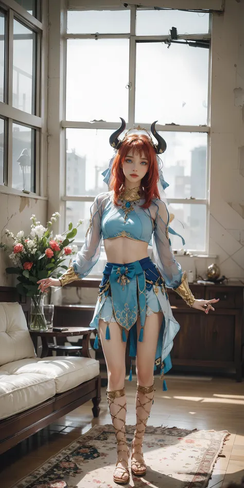<lora:nilou_realistic:0.6>, ((nilou_realistic)),((beautiful face)),( standing naturally with no pose:1.5), 1 girl,(navel), (red long hair, twin tails, skirt,crop top, long sleeves, o-ring legwear, nilou's sandals), (full body),(realistic:1.7),((best quality)),absurdres,(ultra high res),(photorealistic:1.6),photorealistic,octane render,(hyperrealistic:1.2), (photorealistic face:1.2), (8k), (4k), (Masterpiece),(realistic skin texture), (illustration, cinematic lighting,wallpaper),( beautiful eyes:1.2),((((perfect face)))),(cute),(standing),((looking at viewer)),(dynamic pose:1.3),indoors,living room, vase, flowers,sofa, decorations,