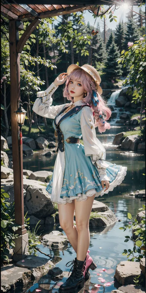 <lora:ayaka:0.6>,kamisato_ayaka,1girl,hat,blue hair, braid, blue eyes, white pantyhose, brown boots, (full body:1.3),<(best quality, extremery best quality, masterpiece:1.5), (realistic, intricate details:1.2), (photorealistic:1.4), (extremely intricate:1.2), highres, ultra highres, ultra-detailed, absurdres, incredibly absurdres, extremely detailed, high quality, high resolution, hyperrealistic, ultra-realistic, hyper-detailed, top quality, best, fine detail, massive detail, Highly detailed, extreme detailed, highest detailed, high-res, absolutely resolution, reflection, (refraction:1.4)>, BREAK, 1girl, solo, looking at viewer, flat bangs, (young cute beautiful 18-year-old girl:1.1), 3d face, beautiful girl, Beautiful face, pretty, girlface, kpop idol, supermodel, stunning innocent symmetry face, (hand of Guido Daniele), perfect body, medium breast, slim waist, slim legs, (high detailed skin:1.2), glowing eyes, goddess, natural skin texture, shiny skin, White skin, Beautiful detailed face, detailed face, real skin texture, cute delicate face, finely detailed face, golden ratio, golden ratio face, expressive eyes, perfect face, perfect skin, flawless face, clear face, shiny hair, pale skin, Proper body proportion, perfect anatomy, realistic skin texture, luscious lips, glossy lips, natural makeup, beautiful bright pupils, slender figure, intricate eyes, detailed pupils, detailed face and eyes, longeyelashes, blush, good hand, perfect hands, pretty face, beautiful female bodies, finely detailed skin, oily shiny skin, BREAK, (((((golden hour, Sakura tree background, petals falling, dawn light, cobblestone pathway, building pavilion, chinese buildings, moutains, misty lake, ancient chinese background, puddle, after the rain, wet grass and trees, (sky overcast with a rainbow), (sunlight reflection), flower sea, in a meadow, (waterfall:1.2), ((breeze)), flying splashes, flying petals, leaves, nature, river, (forest), (bloom), bloom effect, detailed beautiful grassland with petal, flower, butterfly, petal, (((surrounded by heavy floating petal flow))), flowers, red lips, (chinese style countryard), (pond),(Luminescent Particles:1.4), (glow:1.1), beautiful sunset, wind, fog, (Pink hair:1.3), outdoors,(ahoge), (violet eyes), (golden accessories), (iridescent colors), watercolor, available light, detailed light, smile, volumetric fog, beautiful lighting, colorful refraction, Rembrandt lighting, Cinematic, pixel art, game art, key visual, surreal, PBR Texturing, Anisotropic Filtering, Maximum Clarity And Sharpness, Albedo And Specular Maps, Multi-Layered Textures, Surface Shading, Sub-Pixel Convolution, Sub-Pixel Convolution, Accurate Simulation Of Light-Material Interaction)))), BREAK, <blurry foreground, broad light, volumetric light effect, matte painting, perfectly defined features, volumetric lighting, Tone Mapping, Lumen Reflections, Global illumination, Ray Tracing, Screen Space Global Illumination, Accent Lighting, 32k, Natural Lighting, volumetric, cinematic masterpiece, Rule of thirds, high dynamic range, Multi-exposure HDR capture, cinematic render, game cg cinematic, atmospheric perspective, movie scene, epic dynamic frame, motion blur, ((cinematic look, Film look)), rim light, 4k textures, adobe lightroom, photolab, insane details, hyperdetailed, exposure blend, professional color grading, professional color correction, aerial perspective, particles and dust in beams of light, cinematic scene, dynamic lighting, sharp details, lomography, soft focus, light leaks, bold hues, atmospheric depth, (explosive light and shadow:1.2), aesthetics, intricate designs, ultra realistic digital art, (zentangle, mandala, tangle, entangle), (fractal art), elegant, vivid colours, floating particles, particles, dramatic, epic, (ink drawing, oil painting detailed), (dramatic lighting:1.2), (eye focus, face focus, character focus, close-up face:1.3), (dutch angle, cowboy shot:1.1), RAW, huge filesize, extremery detailed CG, Photo, 8k uhd, cinematic atmosphere, trending on artstation, award-winning glamour photograph, highly detailed photo, official art, beautiful and aesthetic, unity 8k wallpaper, beautiful, highly detailed CG illustration, best illustration, intricate, Amazing, emotional, analog, painting, digital painting, concept art, Oil Painting, illustration, Classical art, Renaissance, Romanticism, Neoclassicism, Color Palette, depth and contrast, Vibrant colors, saturated, rich saturation, color harmony, vivid palette, concept-art, design style, detail character, concept render, colorful, analog photography, dreamy atmosphere, specular highlights, atmospheric lighting, (dynamic angle, dynamic pose :1.3), (shiny, clothes reflecting light, lens flare, bloom effect, light particle, lens glare:1.3), realistic lighting, cinematic light, (cinematic lighting), light in the face, soft lighting, saturated colors, detailed background, sharp focus, 8k high definition, perspective, Master Composition, roughness, post-processing, soft shadows, realistic shadows, ambient occlusion, ray-tracing, subsurface scattering, photon mapping, physically-based rendering, octane rendering, unreal engine 5, ue5 rendering, Adobe After FX, dslr, RTX, Best character details, radiosity, sharp, antialiased, RAW photo, HDR, 8k, 4k, (((Photographed by Roger Deakins, using a RED Monstro 8K VV camera and a series of high-end lenses))), ((Hasselblad photography)), (film grain:1.4), Kodak portra 400, ((Fujifilm X-T5)), professional photograph, depth of field, caustics, Broad lighting, diffuse lighting, rim lighting, two tone lighting, textile details, visible pores, high resolution scan, professionally color graded, photographic reality, automatic white balance, best lighting, detailed shadow, high contrast, strong light and shadow>, (PureErosFace_V1:0.5), (ulzzang-6500:0.5), (kbxll:0.6), <lora:FilmVelvia2:0.15>,