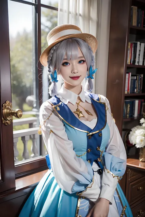 <lora:ayaka:0.7>,kamisato_ayaka,1girl,hat,blue hair, braid, blue eyes, white pantyhose,upper body, blue dress, smile, indoors, decorations, doors, chandelier, book shelf, window