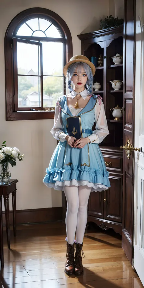 <lora:ayaka:0.6>,kamisato_ayaka,1girl,hat,blue hair, braid, blue eyes, white pantyhose, brown boots, (standing naturally with no pose:1.5), full body, blue dress, indoors, decorations, doors, chandelier, book shelf, window