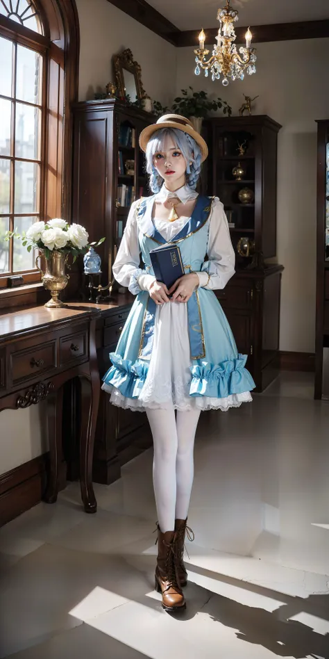 <lora:ayaka:0.6>,kamisato_ayaka,1girl,hat,blue hair, braid, blue eyes, white pantyhose, brown boots,(beautiful face:1.5), (standing naturally with no pose:1.5), full body, blue dress, indoors, decorations, doors, chandelier, book shelf, window