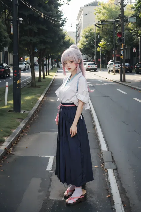 <lora:AyakaKendo:0.65>, ayaka_KendoUniform, 1 sweet girl, cowboy shot, white long hair, ponytail, pink hair ribbon, bangs, white shirt, blue long hakama skirt, geta, full body, outdoors