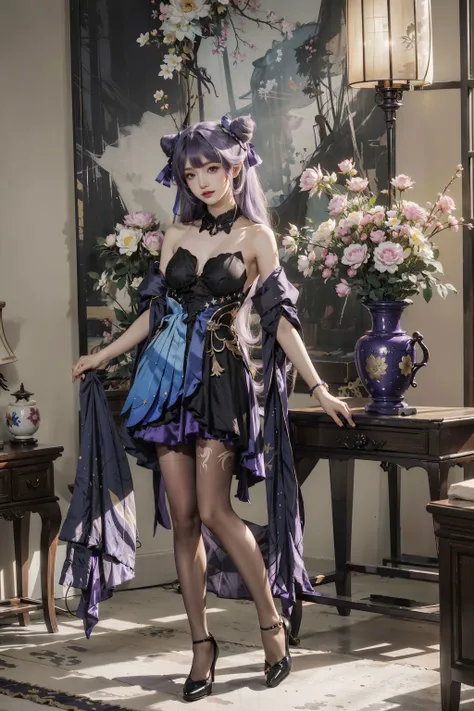 <lora:keqing:0.6>,keqing_genshin, 1girl, double bun, long purple hair, purple eyes, strapless dress, bare shoulders, bare arms, black pantyhose, high heels, standing, full body, indoors, palace, luxury decorations, sunshine