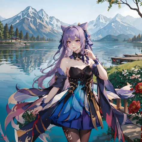 <lora:keqing:0.75>,best quality, keqing_genshin, 1girl, double bun, long purple hair, purple eyes, strapless dress, bare shoulders, bare arms, black pantyhose, standing, upper body, outdoors, lawn, flowers, lake, mountains,