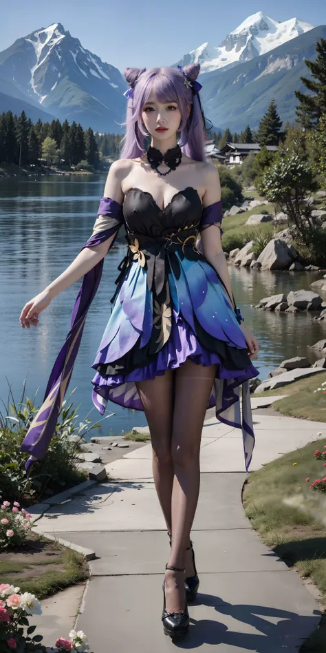 <lora:keqing:0.6>,keqing_genshin, 1girl, double bun, long purple hair, purple eyes, strapless dress, bare shoulders, bare arms, black pantyhose, high heels, standing, full body, outdoors, lawn, flowers, lake, mountains,