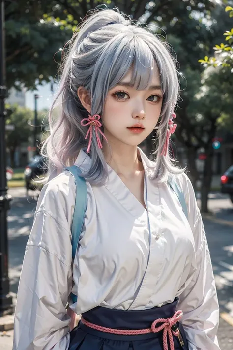 <lora:AyakaKendo:0.657>, ayaka_KendoUniform, 1 sweet girl, white long hair, ponytail, pink hair ribbon, bangs, white shirt, blue long hakama skirt, upper body, outdoors