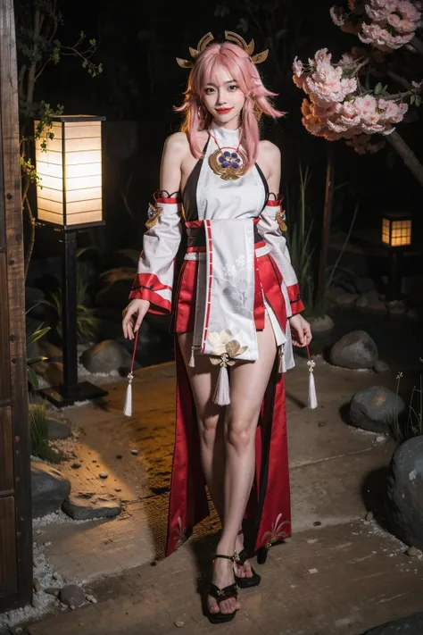 realistic, photorealistic, masterpiece, absurdres, incredibly absurdres, extremely detailed, best quality, 1girl, full body, yae_miko, 1girl, evil smile, pink hair, purple eyes, long hair, fox ears, earrings, hair ornament, jewelry on the chest, yae miko's clothes, bare shoulders, detached sleeves, ancient japanese architecture, outdoors, sunshine, dramatic lighting, <lora:MIKO_NEW_REA:0.7>