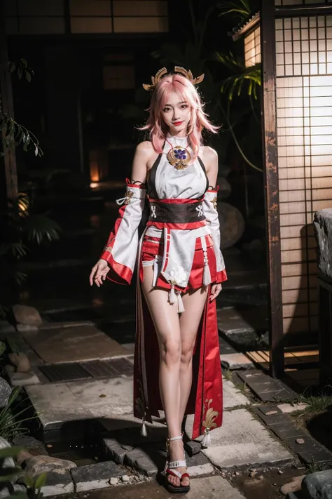 realistic, photorealistic, masterpiece, absurdres, incredibly absurdres, extremely detailed, best quality, 1girl, full body, yae_miko, 1girl, evil smile, pink hair, purple eyes, long hair, fox ears, earrings, hair ornament, jewelry on the chest, yae miko's clothes, bare shoulders, detached sleeves, ancient japanese architecture, outdoors, sunshine, dramatic lighting, <lora:MIKO_NEW_REA:0.7>