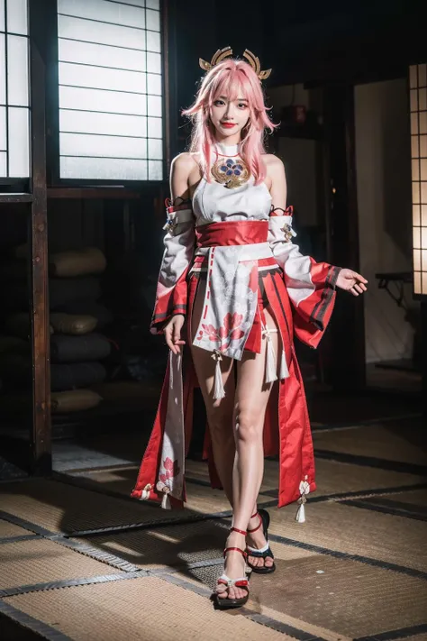 realistic, photorealistic, masterpiece, absurdres, incredibly absurdres, extremely detailed, best quality, 1girl, full body, yae_miko, 1girl, evil smile, pink hair, purple eyes, long hair, fox ears, earrings, hair ornament, jewelry on the chest, yae miko's clothes, bare shoulders, detached sleeves, ancient japanese architecture, outdoors, sunshine, dramatic lighting, <lora:MIKO_NEW_REA:0.7>