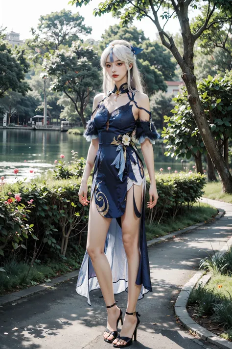 <lora:Ning_Guang:0.7>, ning_guang, (standing naturally:1.5), sweet girl, white hair, long hair, parted bangs, hair ornament, jewelry, bare shoulders, detached sleeves, blue dress, bare legs, blue high heels,full body, outdoors, sunshine, lawn, flowers, sunny, lake, park,