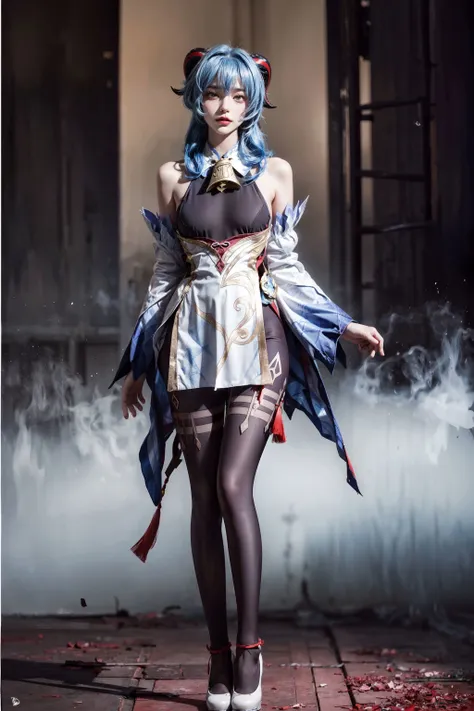 <lora:ganyu:0.8>, gan_yu,realistic, photorealistic, cowboy shot, 1girl, ((blue hair)),((long hair)), large breasts, purple eyes, horns, cowbell, bare shoulders, black bodysuit, black pantyhose, detached sleeves, white sleeves,white skirt, white high heels, chinese knot, full body, (standing naturally:1.5), fantasy, high contrast, ink strokes, explosions, over exposure, purple and red tone impression , abstract, ((watercolor painting by John Berkey and Jeremy Mann )), brush strokes, negative space, <lora:add_detail:1>