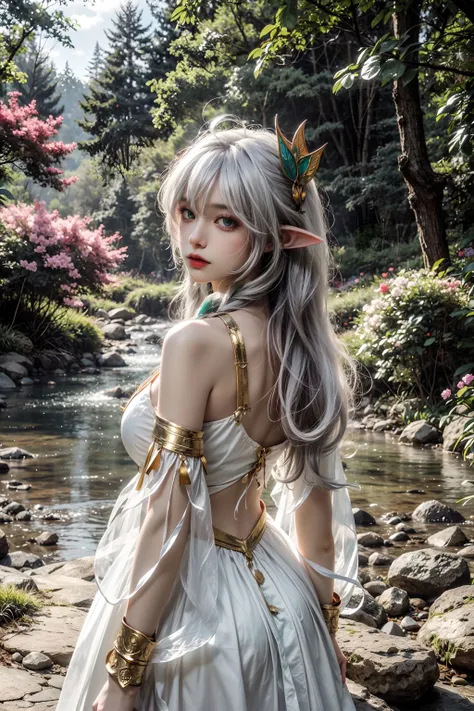 (best quality,8k,highres,masterpiece:1.2),ultra realistic,(human realistic:1.1),full capturing from head to feet,full body,fix abnormal,fix body issue,fix face issue,fix background issue, 1 girl, a young perfect white elf woman with beautiful white hair, wavy long hair, light green elf traditional outfit soaked by the rain, holding a bow, ready to shoot, perfect mid fat body, big well shaped buttocks and breasts (F cup) , her armpit exposes white and clean. Full capture picture