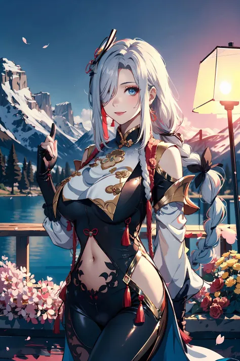 <lora:ShenHe:0.8>, shen_he, beautiful girl, dancing, ((cowboy shot)), white hair, ((very long hair)),(gigantic breasts), braid ponytail, ponytail, jewelry, hair over one eye, black bodysuit, hip vent, shoulder cutout, navel, breasts curtain, hair ornament, blue eyes, full body, masterpiece, best quality, (colorful),(delicate eyes and face), volumatic light, ray tracing, bust shot ,extremely detailed CG unity 8k wallpaper,smile,((flying petal)),(Flowery meadow) sunny,sunshine, light, fantasy, windy, magic sparks, trees, lake, mountains, ((flowers)),harano,
