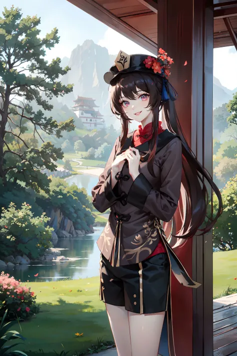<lora:Hutao:0.7>, hu_tao, cowboy shot, beautiful girl, hat, hat flowers, brown long sleeves coat, black shorts, bare legs, white socks, black shoes, standing, long brown hair,  masterpiece, best quality,  (colorful),(delicate eyes and face), volumatic light, ray tracing, bust shot ,extremely detailed CG unity 8k wallpaper,smile,((flying petal)),(Flowery meadow) sunny,sunshine, light, fantasy, windy, magic sparks, trees, lake, mountains, ((flowers)),harano,