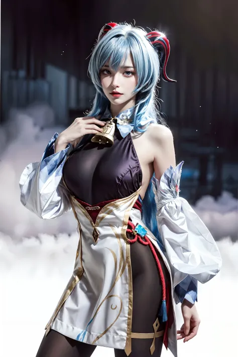 <lora:ganyu:0.7>, gan_yu,realistic, photorealistic, cowboy shot, 1girl, ((blue hair)),((long hair)), large breasts, purple eyes, horns, cowbell, bare shoulders, black bodysuit, black pantyhose, detached sleeves, white sleeves, ((white skirt)), chinese knot,fantasy, high contrast, ink strokes, explosions, over exposure, purple and red tone impression , abstract, ((watercolor painting by John Berkey and Jeremy Mann )) brush strokes, negative space, <lora:add_detail:1>