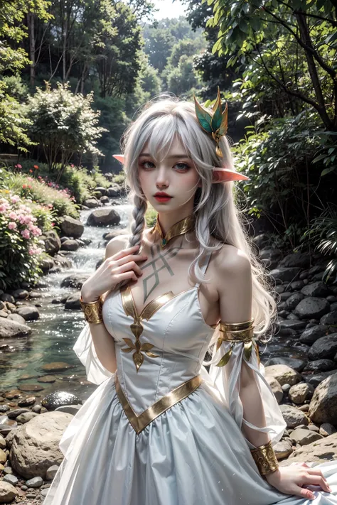 ( Absurdly , high quality , Very detailed,View Photographer)、(White super long straight hair)、White Tiger Queen、Hair Access、(((Tiger ears and two horns)))、Beautifully detailed tiger-patterned dress and armor、Tiger-inspired costume、Tattoo with a tiger print、Queen of Queens、(masterpiece, 最high quality, 最high quality, Official Art, Beauty and aesthetics: 1.2), (One girl: 1.3)、Forest Background