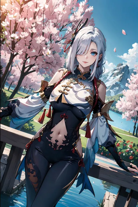 <lora:ShenHe:0.8>, shen_he, beautiful girl, dancing, ((cowboy shot)), white hair, ((very long hair)),(gigantic breasts), braid ponytail, ponytail, jewelry, hair over one eye, black bodysuit, hip vent, shoulder cutout, navel, breasts curtain, hair ornament, blue eyes, full body, masterpiece, best quality, (colorful),(delicate eyes and face), volumatic light, ray tracing, bust shot ,extremely detailed CG unity 8k wallpaper,smile,((flying petal)),(Flowery meadow) sunny,sunshine, light, fantasy, windy, magic sparks, trees, lake, mountains, ((flowers)),harano,