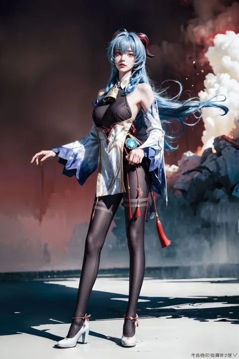 <lora:ganyu:0.8>, gan_yu,realistic, photorealistic, cowboy shot, 1girl, ((blue hair)),((long hair)), large breasts, purple eyes, horns, cowbell, bare shoulders, black bodysuit, black pantyhose, detached sleeves, white sleeves,white skirt, white high heels, chinese knot, full body, (standing naturally:1.5), fantasy, high contrast, ink strokes, explosions, over exposure, purple and red tone impression , abstract, ((watercolor painting by John Berkey and Jeremy Mann )), brush strokes, negative space, <lora:add_detail:1>
