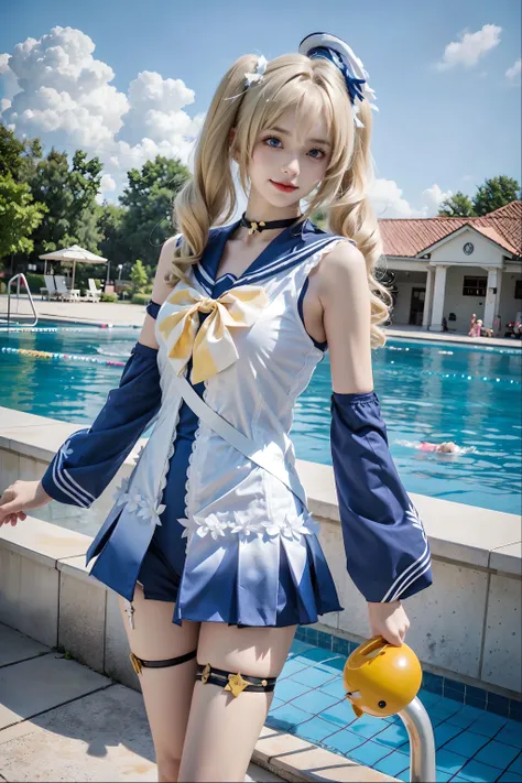 <lora:Babara:0.65>, best quality, realistic, photorealistic,((1girl)), babara_in_swimsuit, cowboy shot, blonde hair, blue eyes, twintails, sailor hat, sailor collar, babara's swimsuit, detached sleeves, bare legs, thigh strap, standing, (smile:0.7), swimming pool, (waterpark), ((noon)),