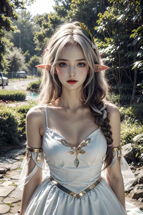 8K分辨率、((top-quality))、((tmasterpiece))、((ultra - detailed))、1 Elf beauty、a matural female、unbelievable Ridiculous、(white wedding gown)、Get wet、Elf long ears、flor branca、Under the eaves、Sateen、neonlight、long white hair、hair-bun、Brightly Colored Eyes、Hands in pockets、Wedding dress、drippy,Normal body proportions,Normal posture