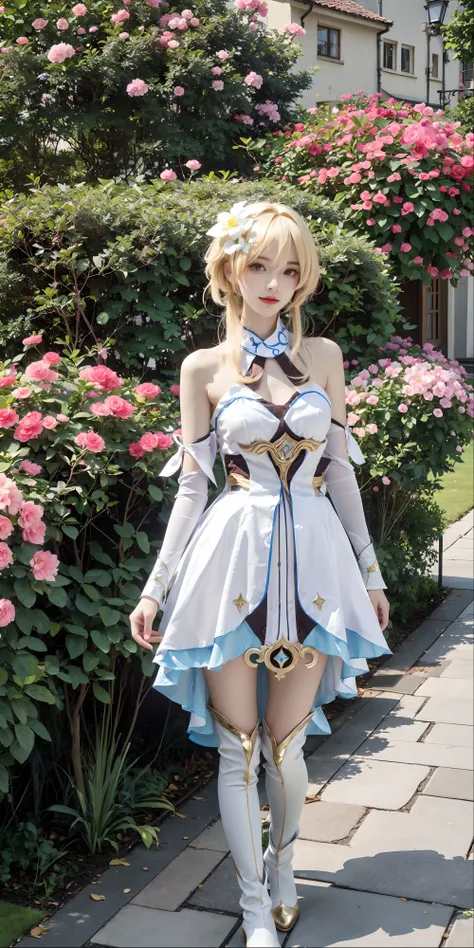 <lora:Lumine:0.7>, (1girl), ((close-up)),(cowboy shot), lumine_genshin, blonde hair, hair flower, hair between eyes, hair ornament, bangs, white dress, detached sleeves, bare shoulders, lumine's thigh boots, (standing), (smile:0.8), full body, outdoors, european town, european style houses, (castle), flowers, green plants, noon, streets, sunshine,