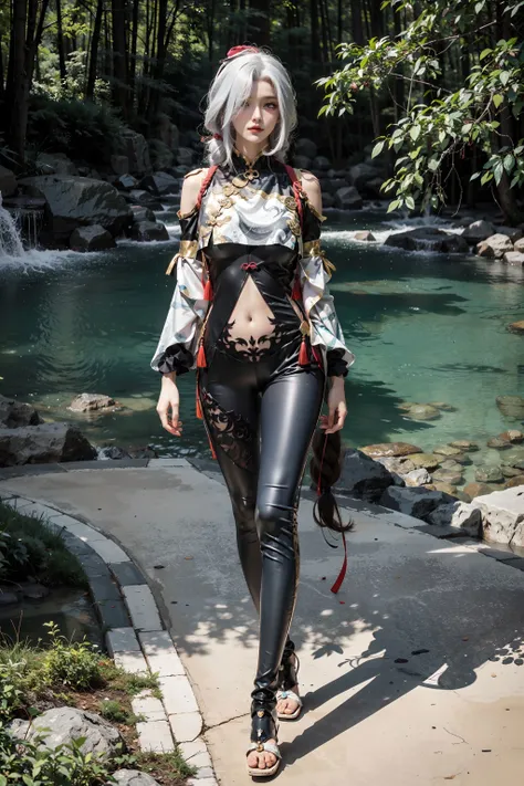 <lora:ShenHe:0.7>, shen_he, beautiful girl,(standing naturally:1.5), ((cowboy shot)), white hair, ((very long hair)),(gigantic breasts), braid ponytail, ponytail, jewelry, hair over one eye, black bodysuit, hip vent, shoulder cutout, navel, breasts curtain, hair ornament, high heels, blue eyes, full body,outdoors, sunshine, lawn, flowers, sunny, lake, park,
