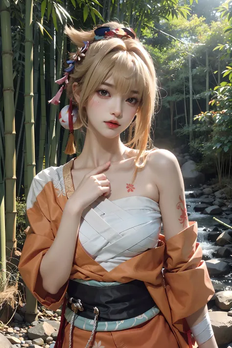 <lora:Yoimiya:0.7:midd>, cowboy shot, yoimiya_genshin, sweet girl, 1girl, blonde hair, hair ornament, ((bandaged chest)),(sarashi),  chest tattoo, flower tattoo, arm tattoo, black sash, ((hadanugi dousa)),(single bare shoulder), (orange short kimono), upper body, outdoors, ((bamboo forest)),(creek), rock path,
