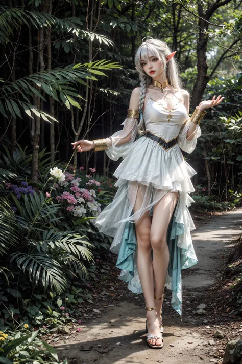 <lora:The_Greater_Lord_Rukkhadevata:0.6>,1 sweet girl,(standing naturally:1.5), cowboy shot, the greater lord rukkhadevata, side braid, long hair,((white hair)), leaf hair ornament, pointy ears,elf, green eyes,bare shoulders, jewelry, white dress, detached sleeves, bracelet ,(high heels),(dynamic angle:1.3),looking at viewer, full body, outdoors, in the forest, trees, (creek), sunshine,(fantasy), ((flowers:1.3)), <lora:add_detail:1>,